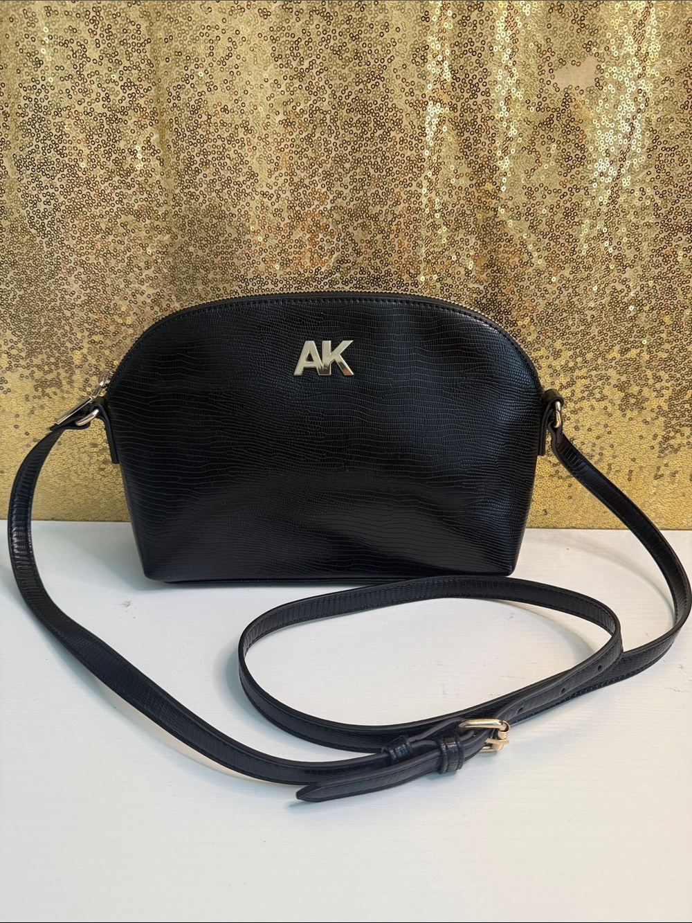 Anne Klein Dome Black Textured Crossbody with Gold AK Logo